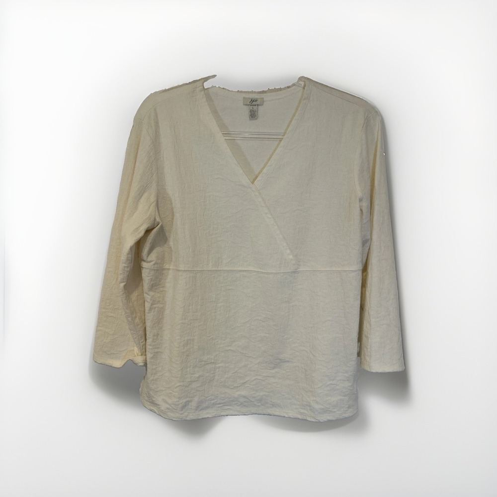 J. Jill Faux Wrap Top Women L Ivory Textured Long Sleeve V-Neck Stretch Vintage